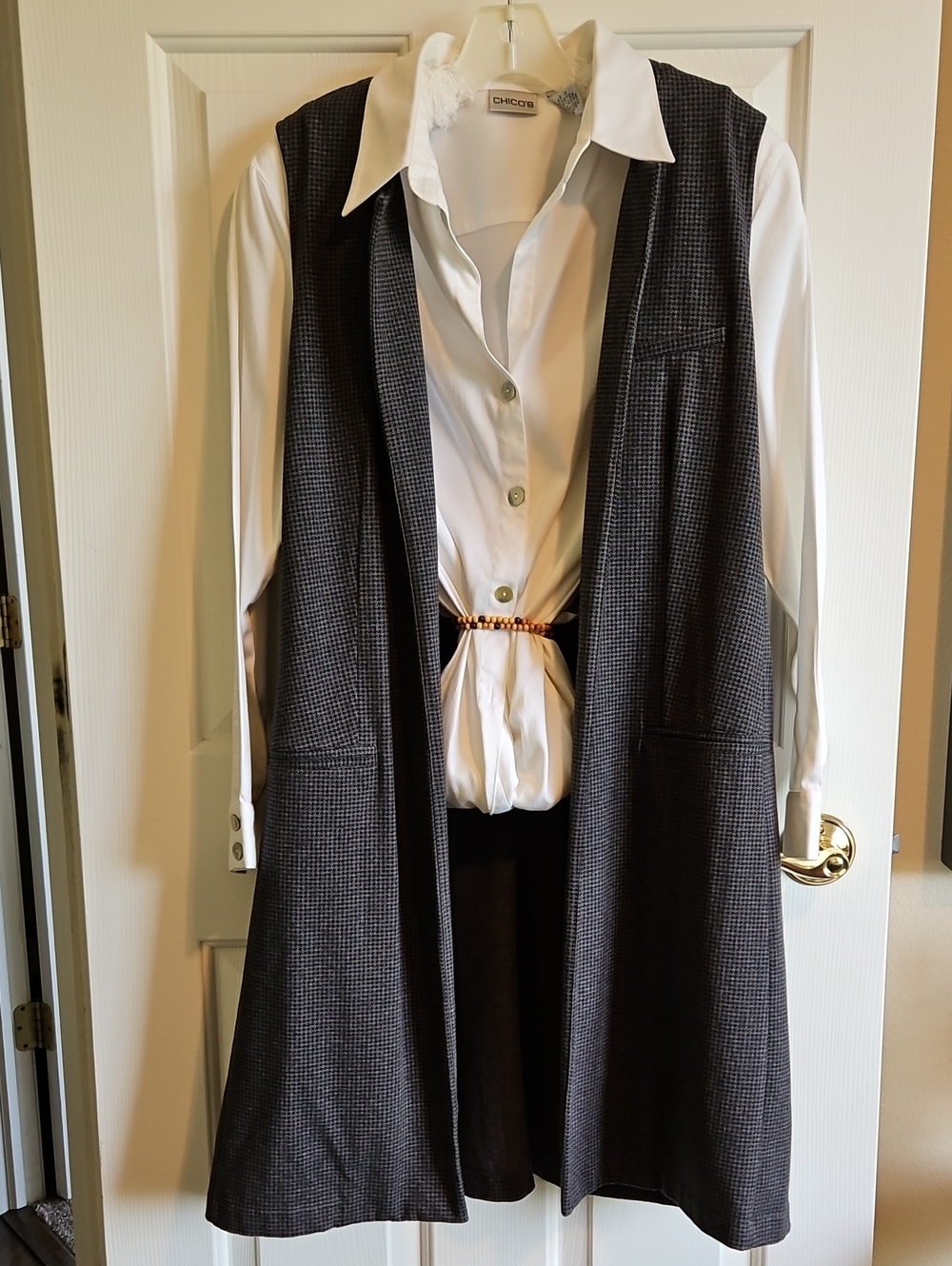Ruff Hewn Gray Houndstooth Cotton-blend Long Open Front Vest